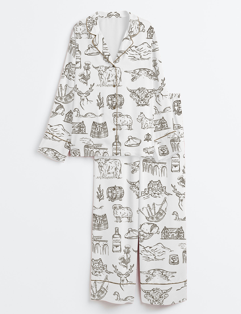 Womenâ€™s Scotland Whimsical Style Scottish Highlands Whisky Castles And Love On The Moors Long Sleeve Satin Pajama Set