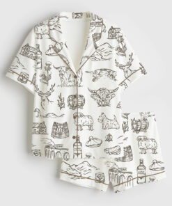Women's Scotland Whimsical Style Scottish Highlands Whisky Castles And Love On The Moors Short Sleeve Satin Pajama Set