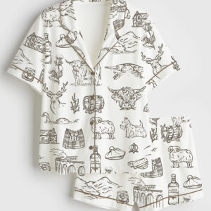 Womenâ€™s Scotland Whimsical Style Scottish Highlands Whisky Castles And Love On The Moors Short Sleeve Satin Pajama Set