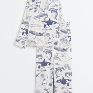Women's Sea Animal Ocean Nature Sealife Ocean Whale Orca Turtle Dolphin Long Sleeve Satin Pajamas Set