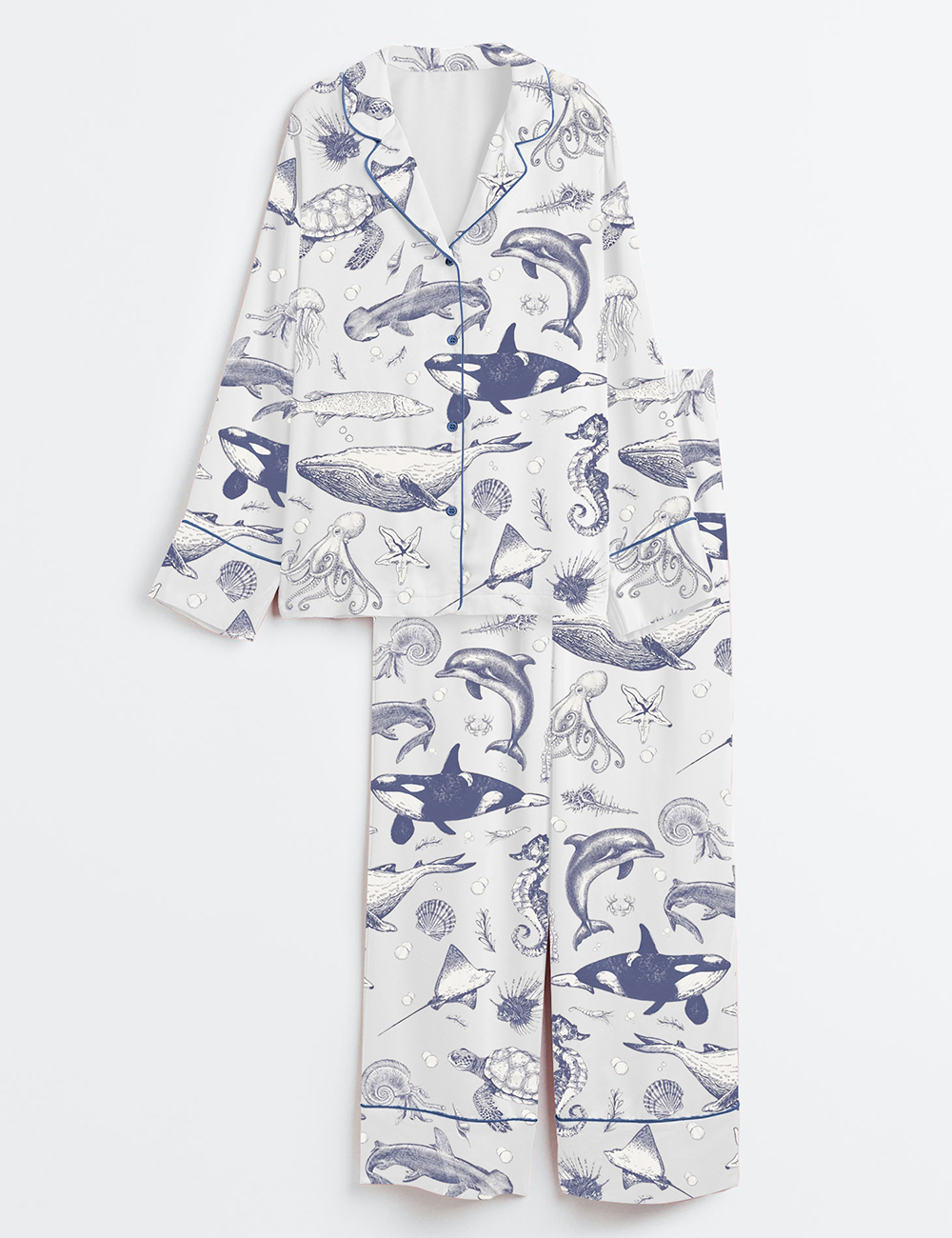 Women's Sea Animal Ocean Nature Sealife Ocean Whale Orca Turtle Dolphin Long Sleeve Satin Pajamas Set