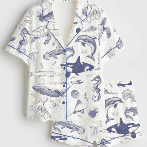 Women's Sea Animal Ocean Nature Sealife Ocean Whale Orca Turtle Dolphin Short Sleeve Satin Pajama Set