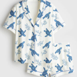 Women's Sea Turtles Coastal Design Short Sleeve Satin Pajama Set