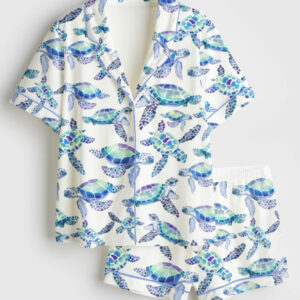 Womenâ€™s Sea Turtles Summer Sea Life Animal Print Short Sleeve Satin Pajama Set