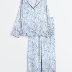 Womenâ€™s Seashell Coastal Blue Vintage Coastal Granddaughter Aesthetic Summer Beach Vibes Print Long Sleeve Satin Pajama Set