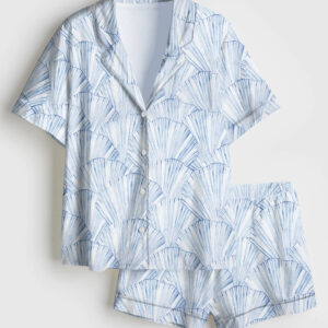 Women's Seashell Coastal Blue Vintage Coastal Granddaughter Aesthetic Summer Beach Vibes Print Short Sleeve Satin Pajama Set