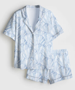 Women's Seashell Coastal Blue Vintage Coastal Granddaughter Aesthetic Summer Beach Vibes Print Short Sleeve Satin Pajama Set