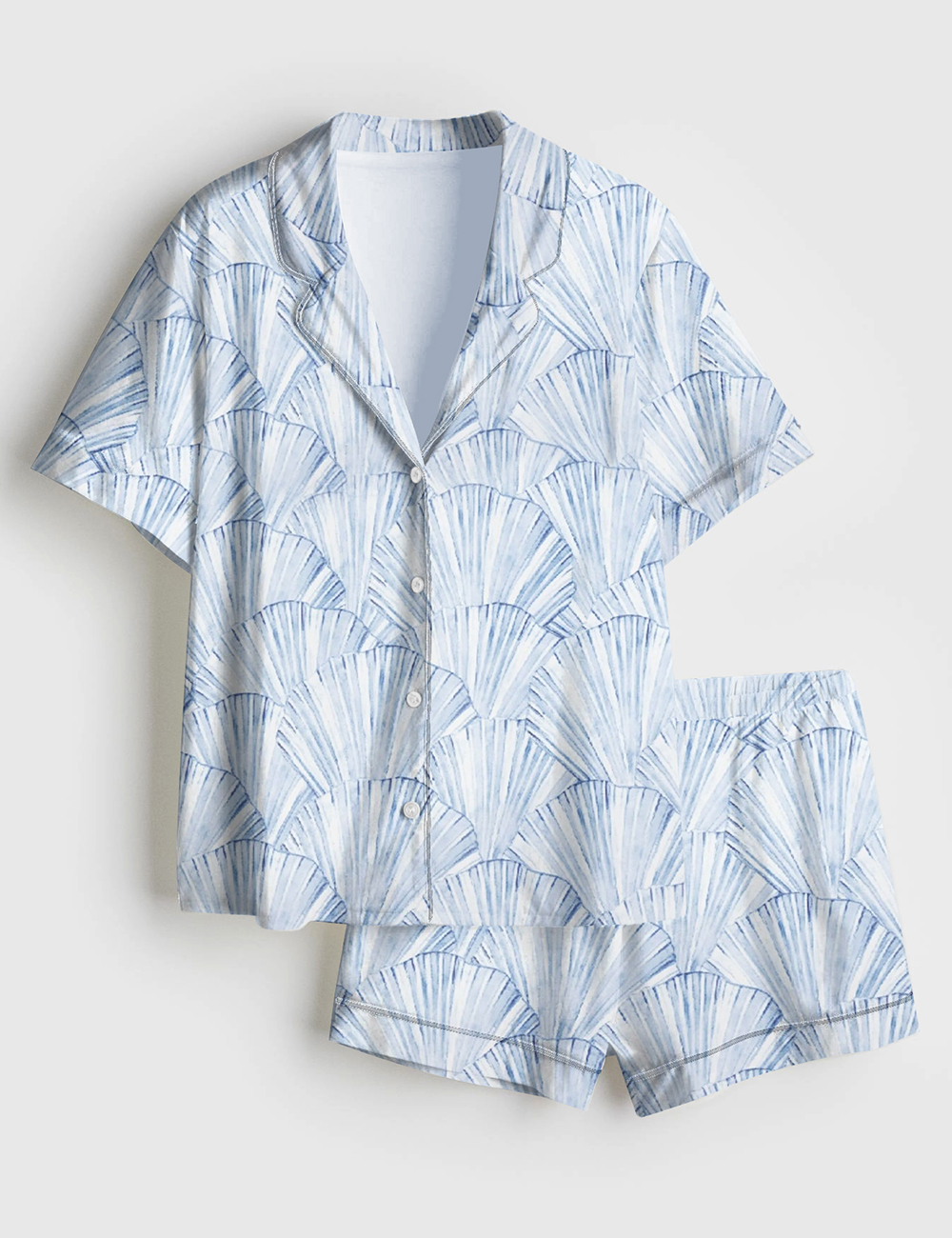 Womenâ€™s Seashell Coastal Blue Vintage Coastal Granddaughter Aesthetic Summer Beach Vibes Print Short Sleeve Satin Pajama Set