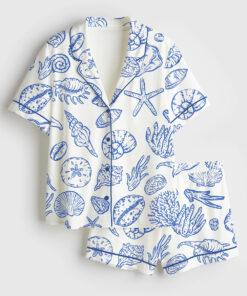 Women's Seashells And Coastal Treasures Seaside Ocean Shell Short Sleeve Satin Pajama Set