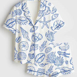 Womenâ€™s Seashells And Coastal Treasures Seaside Ocean Shell Short Sleeve Satin Pajama Set