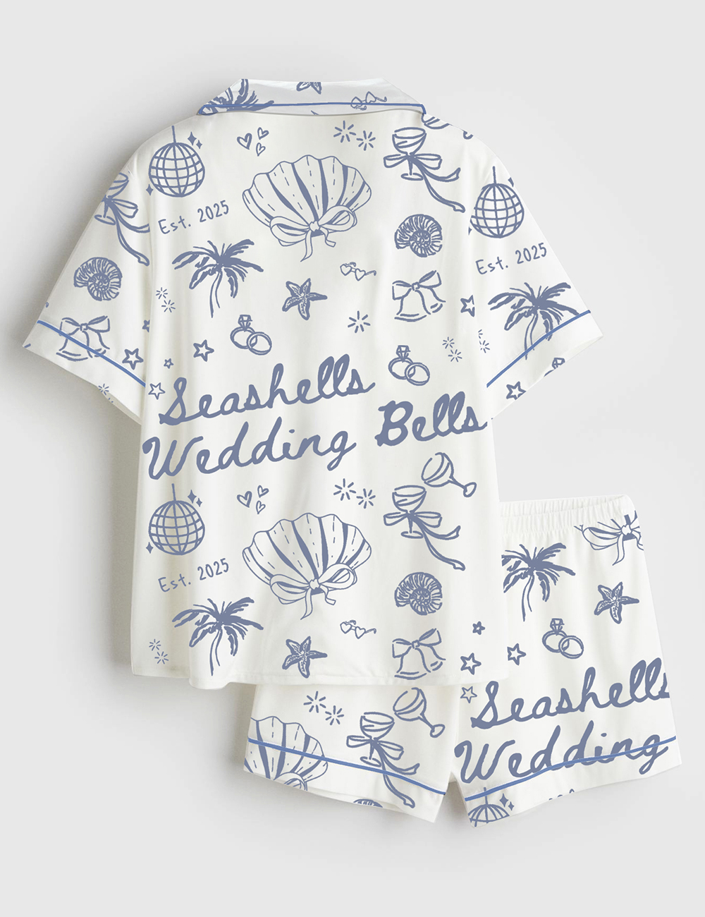 Women's Seashells And Wedding Bells Bachelorette Beach Bachelorette Seashell Hens Party Print Short Sleeve Satin Pajama Set - Image 2