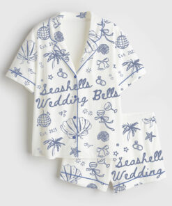 Women's Seashells And Wedding Bells Bachelorette Beach Bachelorette Seashell Hens Party Print Short Sleeve Satin Pajama Set