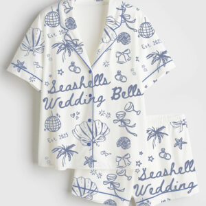 Womenâ€™s Seashells And Wedding Bells Bachelorette Beach Bachelorette Seashell Hens Party Print Short Sleeve Satin Pajama Set