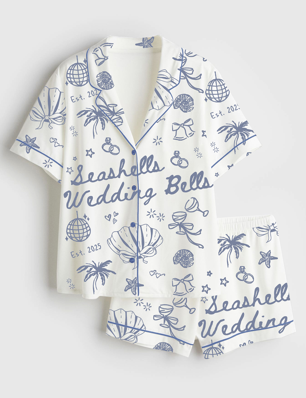 Women's Seashells And Wedding Bells Bachelorette Beach Bachelorette Seashell Hens Party Print Short Sleeve Satin Pajama Set