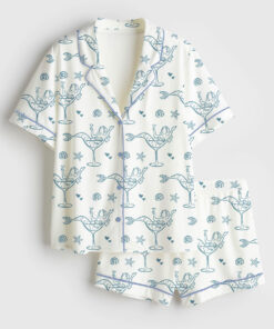 Women's Seashells And Wedding Bells Bachelorette Beach Party Coastal Last Toast Print Short Sleeve Satin Pajama Set