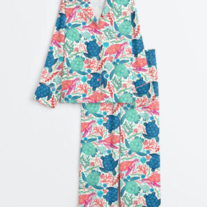 Women's Seaturtles Summer Beach Pattern Long Sleeve Satin Pajamas Set