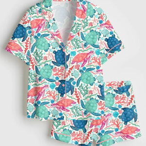 Women's Seaturtles Summer Beach Pattern Short Sleeve Satin Pajama Set