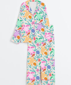 Women's Seaturtles Summer Pattern Long Sleeve Satin Pajama Set