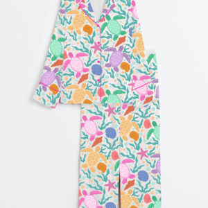 Women's Seaturtles Summer Pattern Long Sleeve Satin Pajamas Set