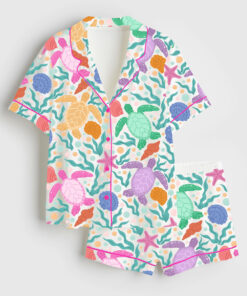 Women's Seaturtles Summer Pattern Short Sleeve Satin Pajama Set