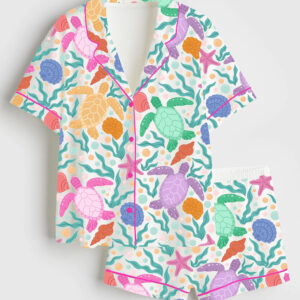 Womenâ€™s Seaturtles Summer Pattern Short Sleeve Satin Pajama Set