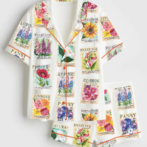 Women's Seed Packet Flower Plant Short Sleeve Satin Pajamas Set