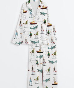 Women's Shark Movie Amity Island Sea Travel Long Sleeve Satin Pajama Set