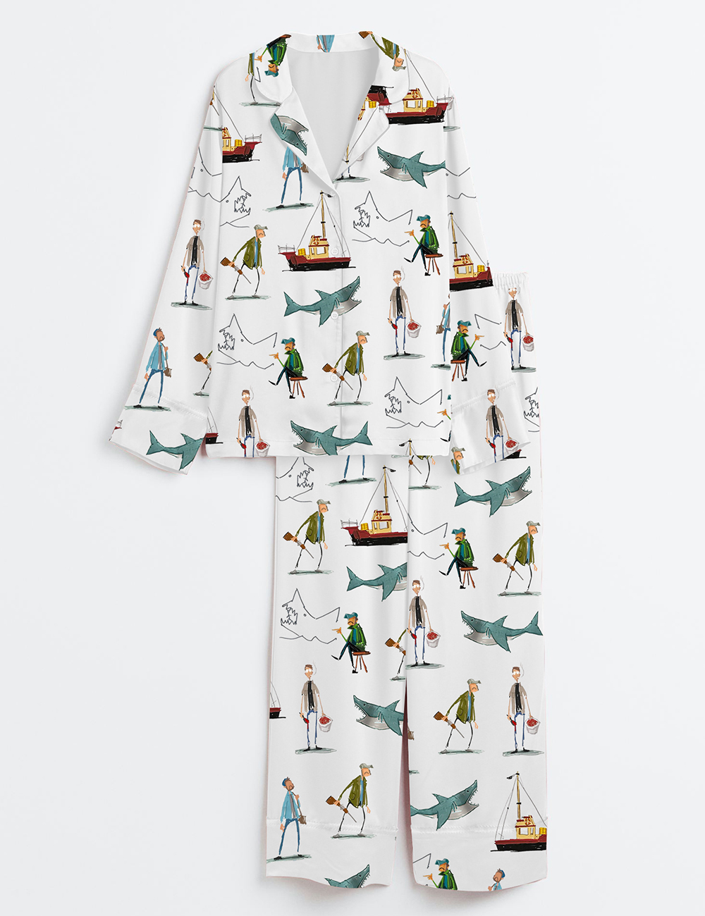 Womenâ€™s Shark Movie Amity Island Sea Travel Long Sleeve Satin Pajama Set