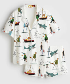 Women's Shark Movie Amity Island Sea Travel Short Sleeve Satin Pajama Set