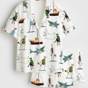 Womenâ€™s Shark Movie Amity Island Sea Travel Short Sleeve Satin Pajama Set