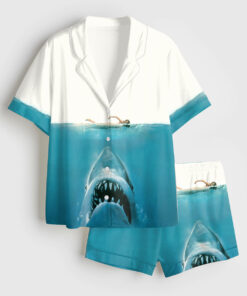 Women's Shark Movie Sea Travel Short Sleeve Satin Pajama Set