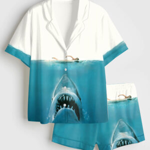 Women's Shark Movie Sea Travel Short Sleeve Satin Pajamas Set