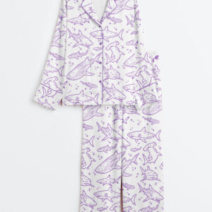 Alternative view of Women's Shark Respect The Locals Hand Drawn Shark Summer Beach Travel Long Sleeve Satin Pajamas Set