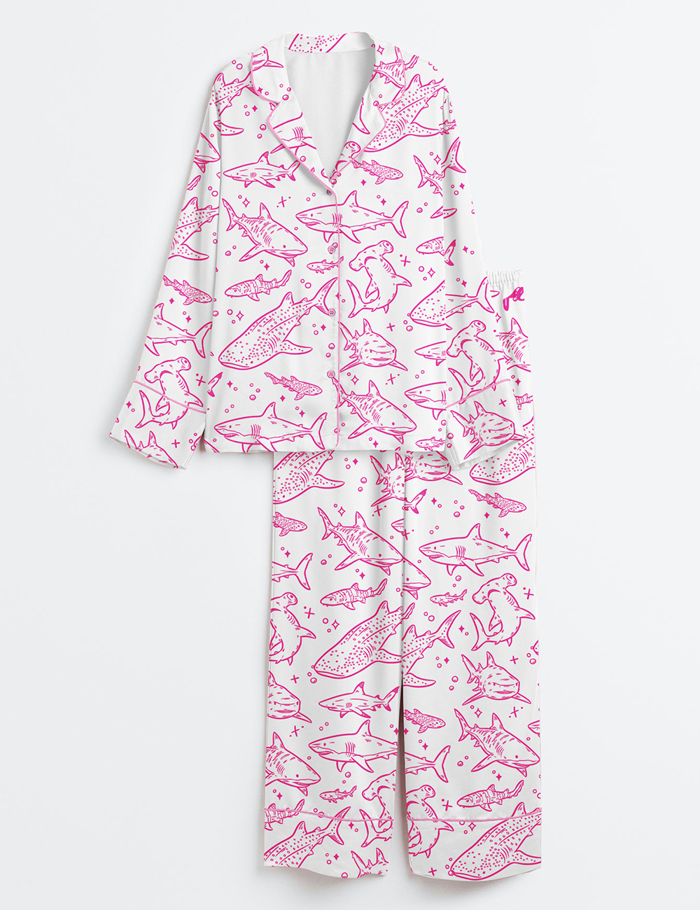 Women's Shark Respect The Locals Hand Drawn Shark Summer Beach Travel Long Sleeve Satin Pajamas Set - Image 3