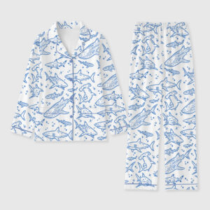 Women's Shark Respect The Locals Hand Drawn Shark Summer Beach Travel Print Long Sleeve Pocket Cotton Pajama Set