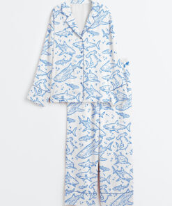 Women's Shark Respect The Locals Hand Drawn Shark Summer Beach Travel Print Long Sleeve Satin Pajama Set