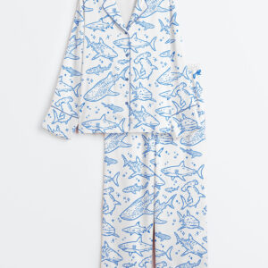 Women's Shark Respect The Locals Hand Drawn Shark Summer Beach Travel Print Long Sleeve Satin Pajama Set