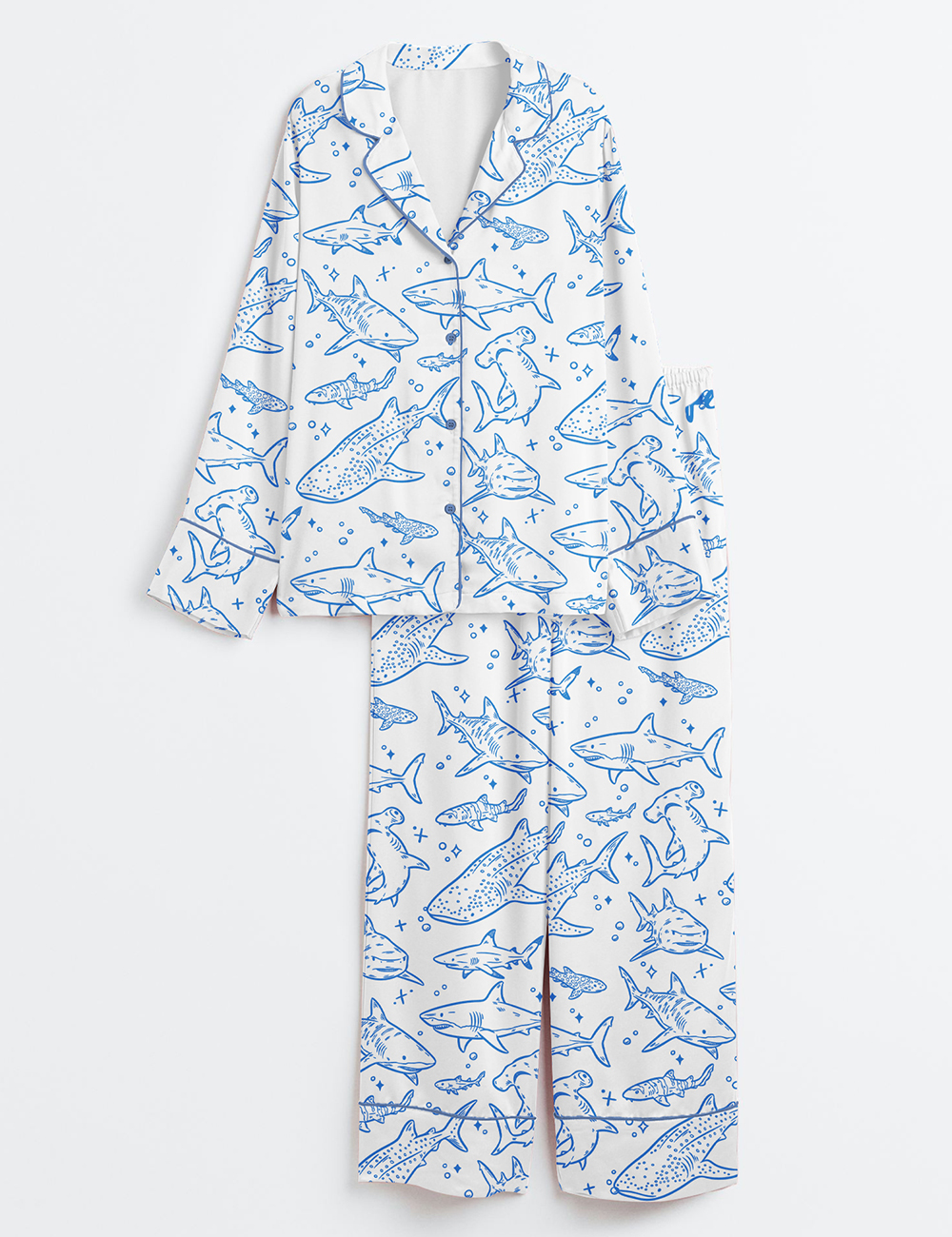 Women's Shark Respect The Locals Hand Drawn Shark Summer Beach Travel Print Long Sleeve Satin Pajamas Set - Image 2