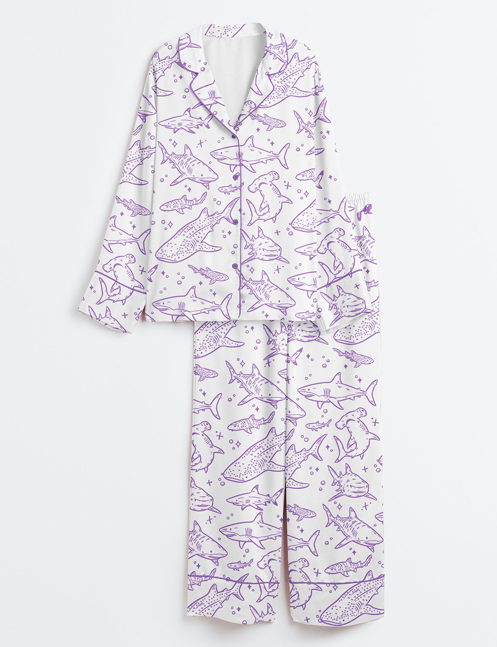 Women's Shark Respect The Locals Hand Drawn Shark Summer Beach Travel Print Long Sleeve Satin Pajamas Set - Image 3