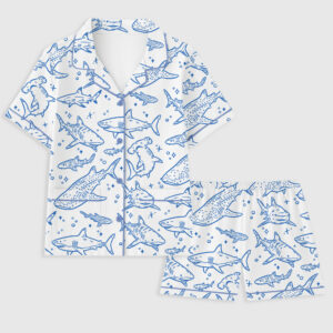 Women's Shark Respect The Locals Hand Drawn Shark Summer Beach Travel Print Short Sleeve Pocket Cotton Pajama Set