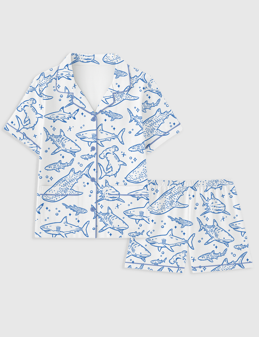 Women's Shark Respect The Locals Hand Drawn Shark Summer Beach Travel Print Short Sleeve Pocket Cotton Pajama Set
