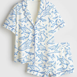 Women's Shark Respect The Locals Hand Drawn Shark Summer Beach Travel Print Short Sleeve Satin Pajama Set