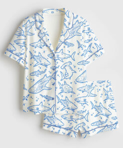 Women's Shark Respect The Locals Hand Drawn Shark Summer Beach Travel Print Short Sleeve Satin Pajama Set