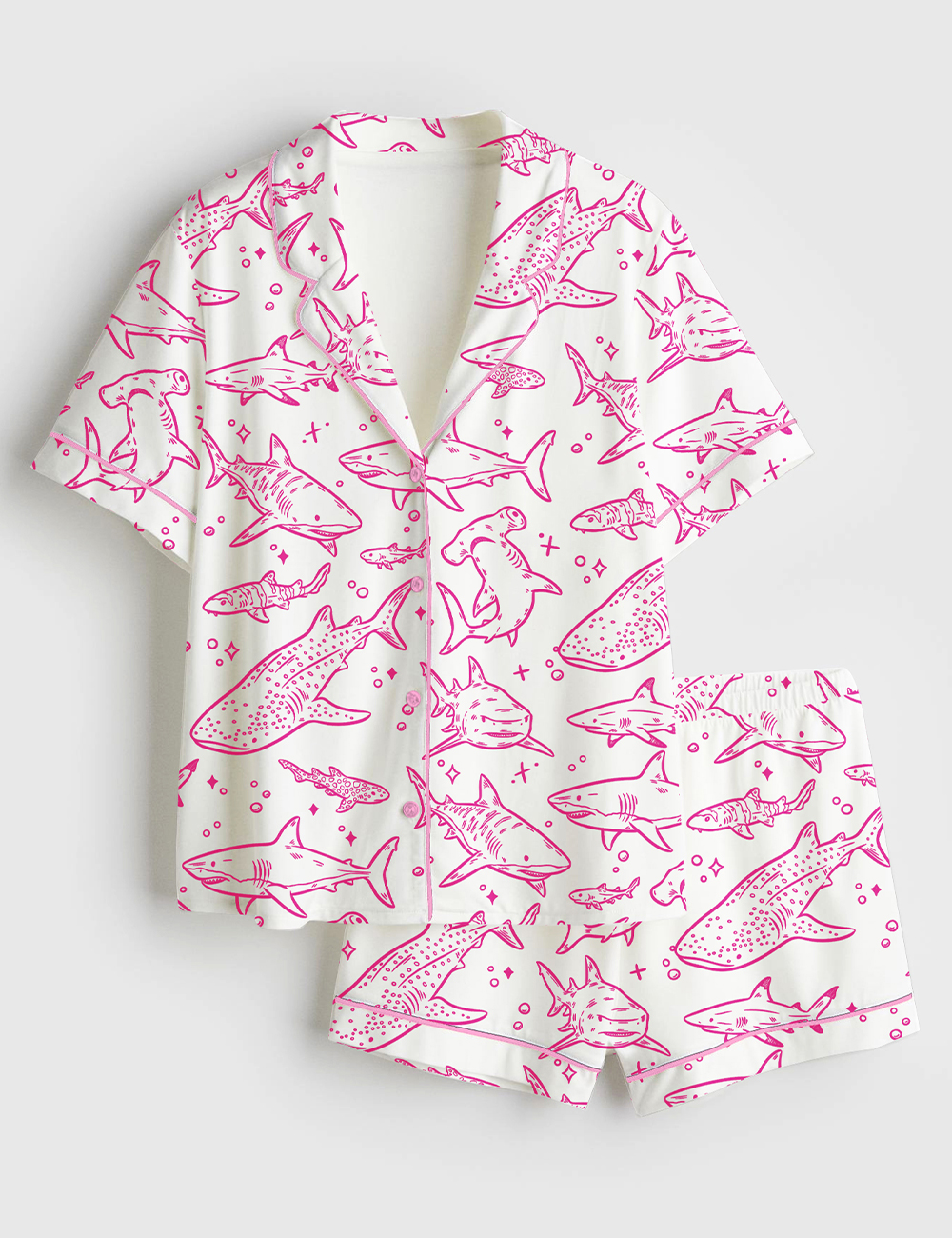 Women's Shark Respect The Locals Hand Drawn Shark Summer Beach Travel Short Sleeve Satin Pajamas Set - Image 3