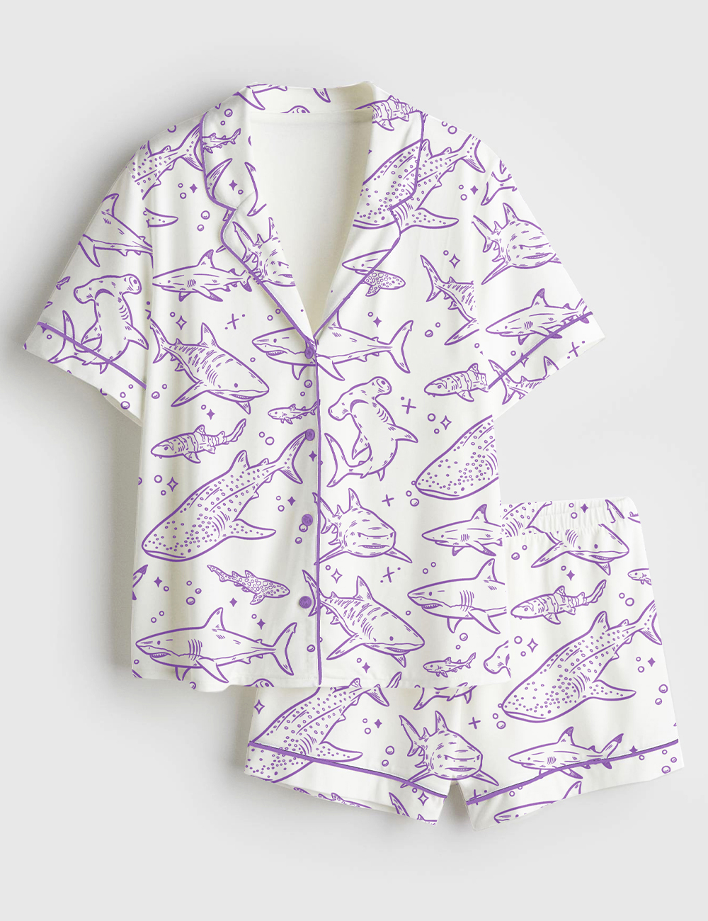 Women's Shark Respect The Locals Hand Drawn Shark Summer Beach Travel Short Sleeve Satin Pajamas Set - Image 2