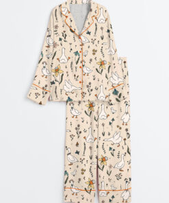 Women's Silly Goose Hand Drawn Art Geese Farm Cute Animal Print Long Sleeve Satin Pajama Set