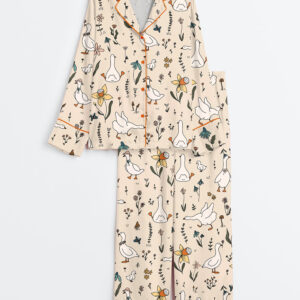 Womenâ€™s Silly Goose Hand Drawn Art Geese Farm Cute Animal Print Long Sleeve Satin Pajama Set
