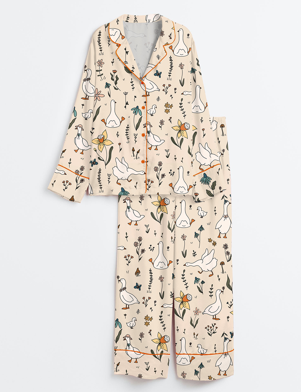 Women's Silly Goose Hand Drawn Art Geese Farm Cute Animal Print Long Sleeve Satin Pajamas Set