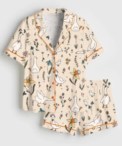 Women's Silly Goose Hand Drawn Art Geese Farm Cute Animal Print Short Sleeve Satin Pajama Set