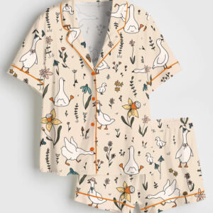 Womenâ€™s Silly Goose Hand Drawn Art Geese Farm Cute Animal Print Short Sleeve Satin Pajama Set